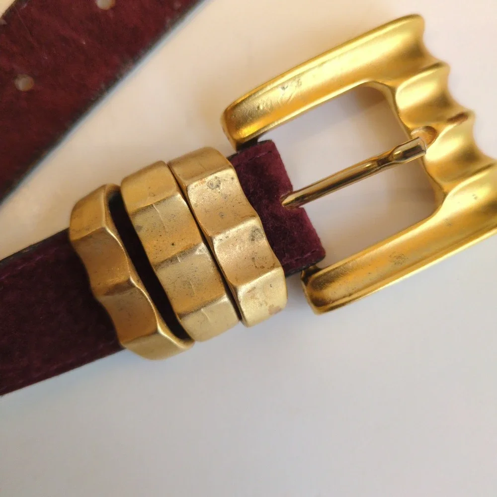 Vtg‎ 90s Leatherock Belt Brown Suede Gold Metal Modern Western Boho Chunky ML